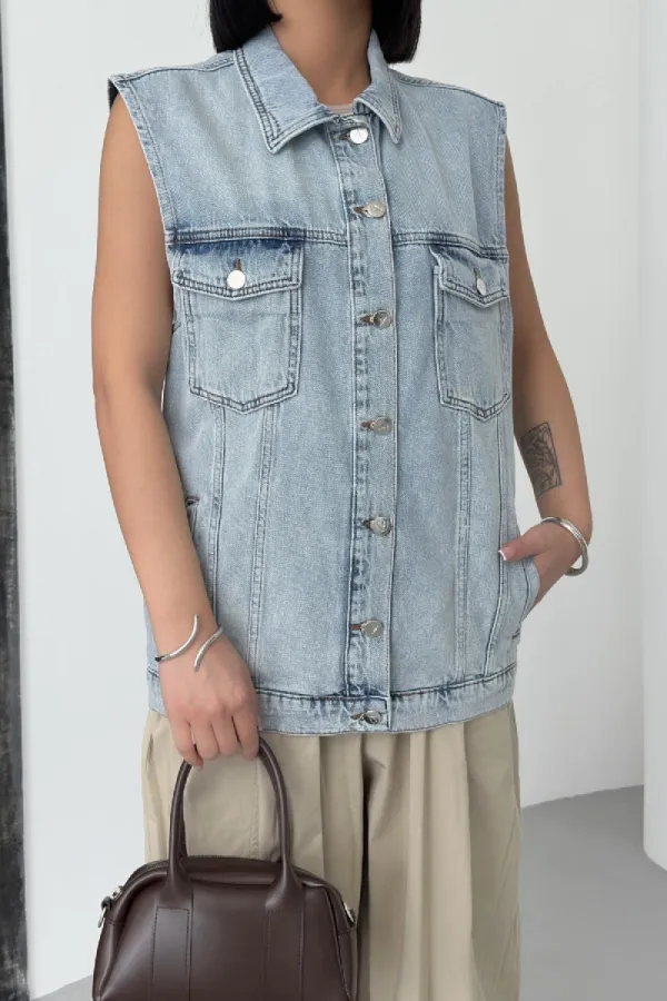 Gilet en denim mi-long 6053-08-(SL-4)