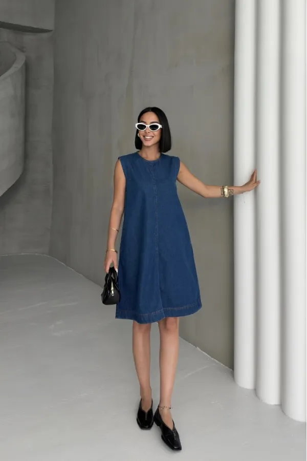 Sleeveless Oversize Denim Dress with Pocket 3043-26-(S-XL-6) Regular Dark Blue