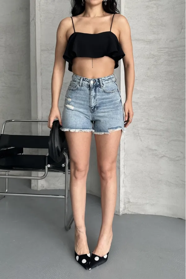 Ripped Denim Short with Fringe Ending 225-14-(36-42-6-2) Light Blue and Tinted Ripped Denim Short with Fringe Ending 225-14-(36-42-6-2) Light Blue and Tinted