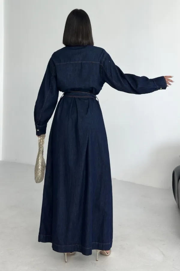 Buttoned Classic Long Denim Dress 3034-17-(S-XL) Slubbed Navy Blue