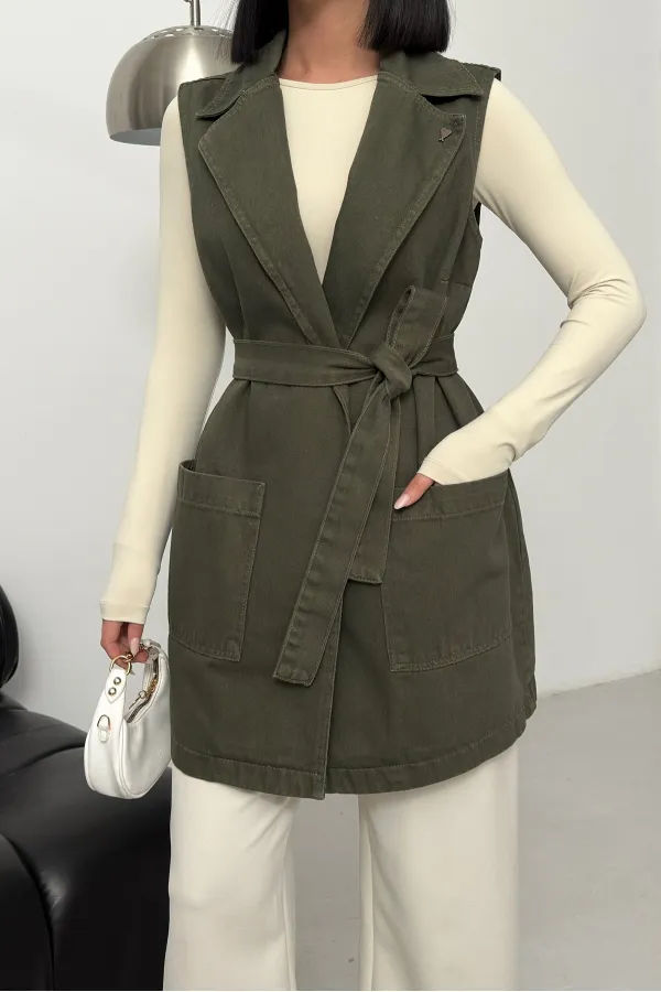 Belted and Cross Over Collar Denim Vest 6137-67-(S-XL) Khaki