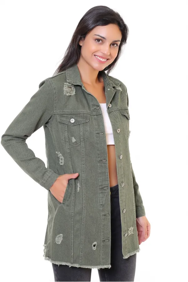 Fringe Finish Boyfriend Denim Jacket 679-67-(S-XL-6) Khaki Fringe Finish Boyfriend Denim Jacket 679-67-(S-XL-6) Khaki