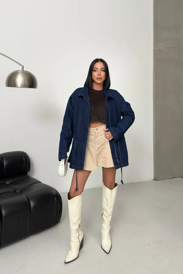 Denim Jacket with Waist Detail 6145-17-(S-L-3) Slubbed Navy Blue