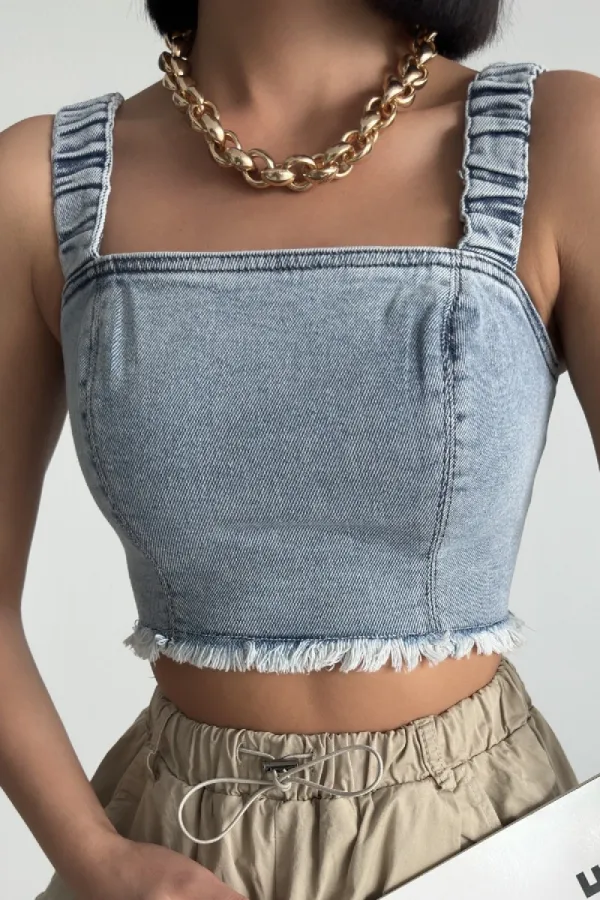 Askılı Fermuarlı Kot Büstiyer 410-08-(S-XL-6) Kar Yıkama Açık Mavi