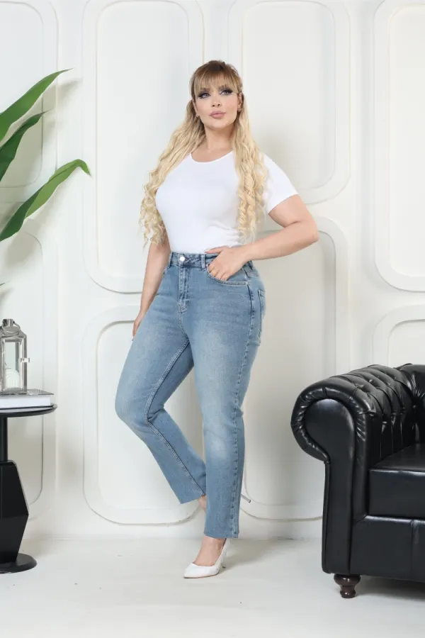 Fringe Ending High Waisted Mom Fit Jean  764-15-(32-36) Light Blue Denim