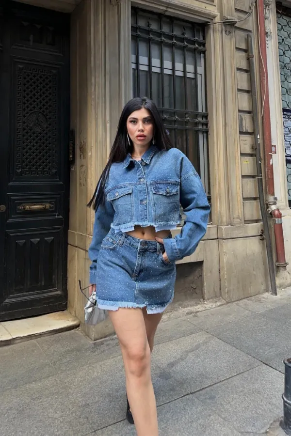 Taşlı Mini Kot Etek 1089-06-(XS-L) Taşlı Mini Kot Etek 1089-06-(XS-L)