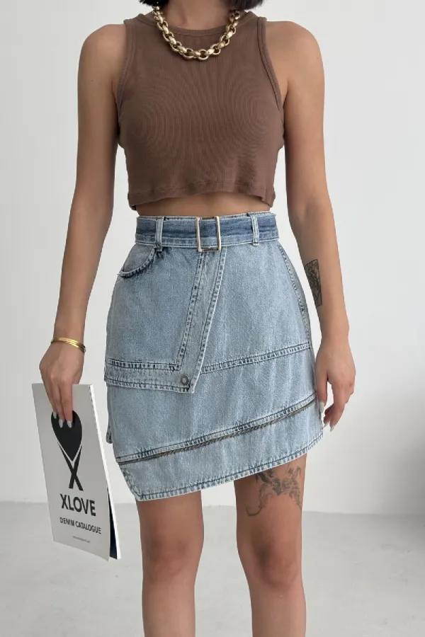 Ripped Denim Skirt with Denim Belt and Decorative Zipper 117-14-(36-42-6-2) Light Blue and Tinted