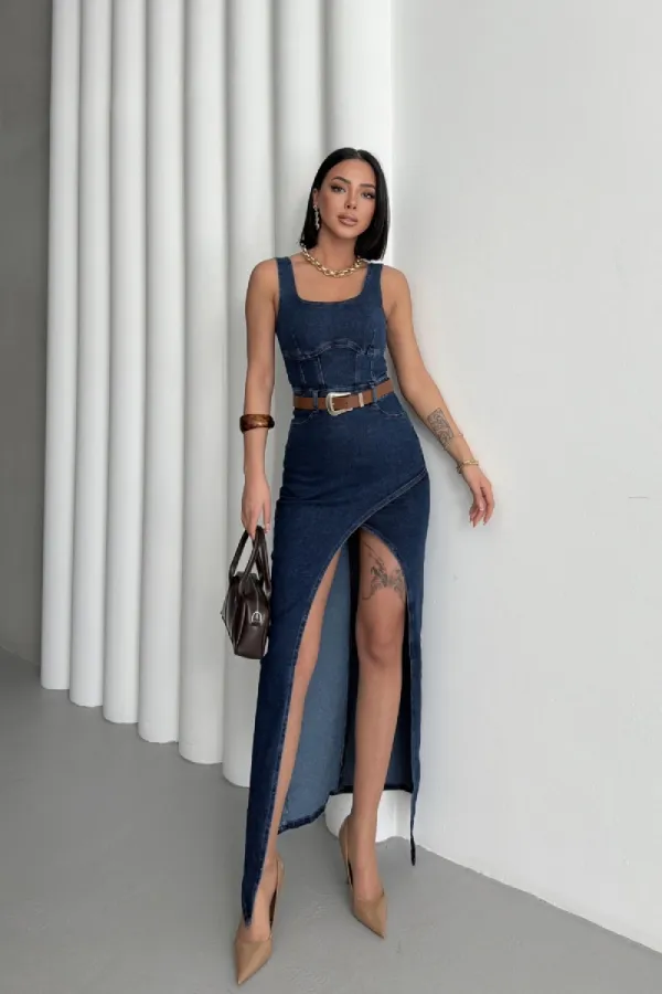 Asimetrik Detaylı Kot Elbise 3019-26-(S-XL)