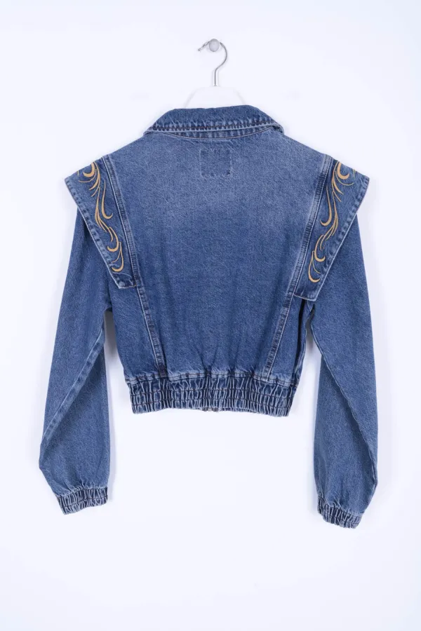Denim Jacket with Embroidered Shoulder and Zipper Closure 1603-01-(SL-5) Denim Jacket with Embroidered Shoulder and Zipper Closure 1603-01-(SL-5)