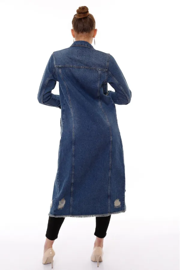 Ripped Long Denim Jacket 680-02-(S-XL) Dark Tinted Denim Ripped Long Denim Jacket 680-02-(S-XL) Dark Tinted Denim