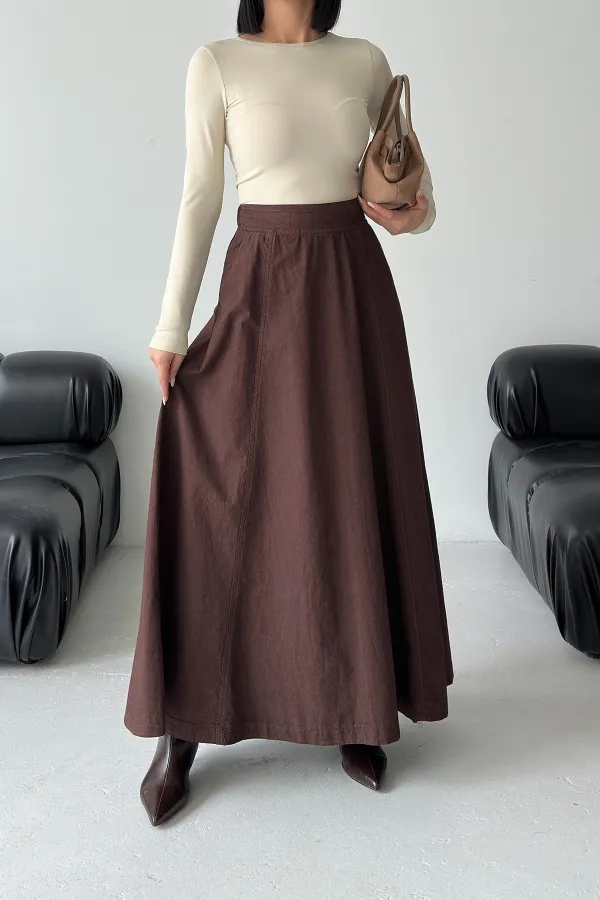 Ruffled Long Skirt with Elasticated Waist  1063-78-(36-44) Brown