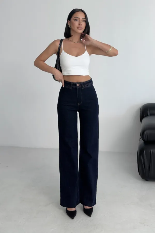 Wide Leg Palazzo Relaxed Jean with Decorative Front Pockets  1710-17-(28-33) Slubbed Navy Blue