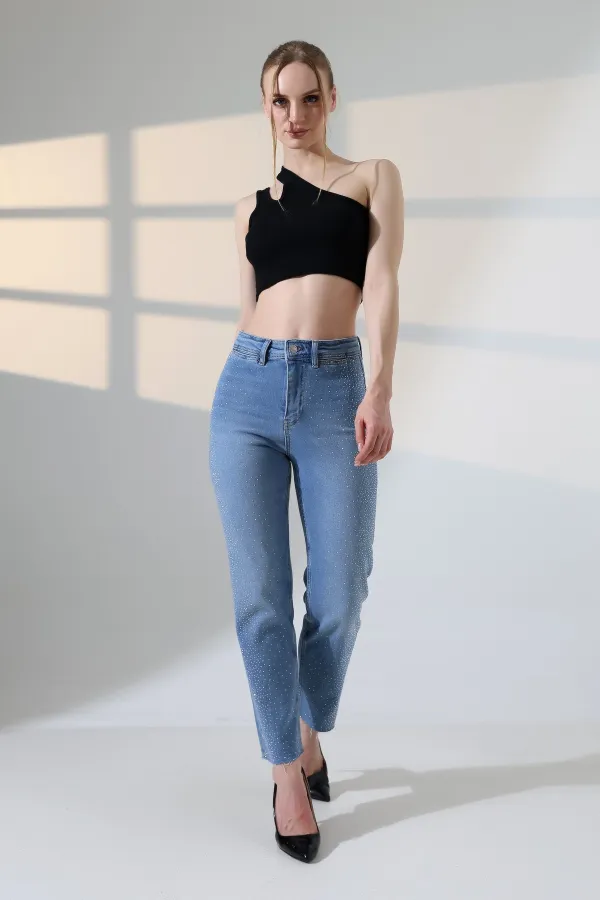 Serpme Taşlı  Relax Kot Pantolon  7193-15-(27-32)