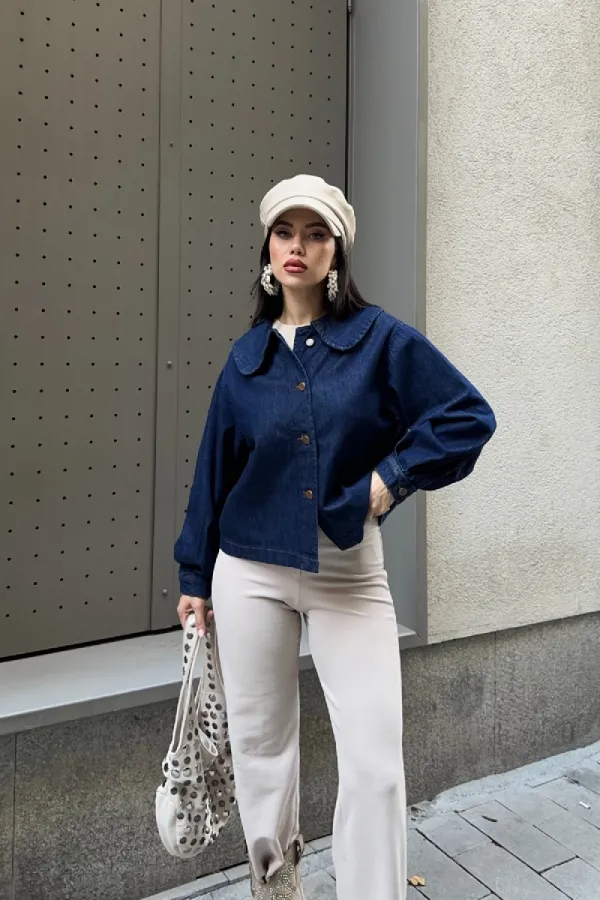 Baby Collar Denim Shirt 6095-17-(S-XL) Slubbed Navy Blue