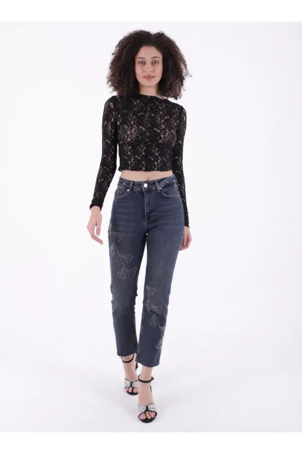 Çapraz Taşlı Mom Fit Kot Pantolon  7054-28-(26-31)