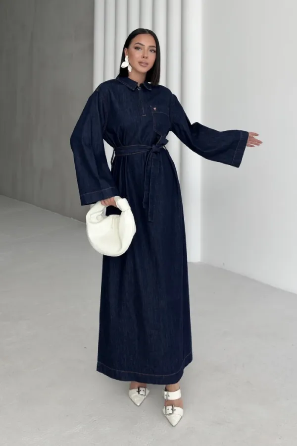 Kuşaklı Uzun Kot Elbise  3035-17-(S-XL)