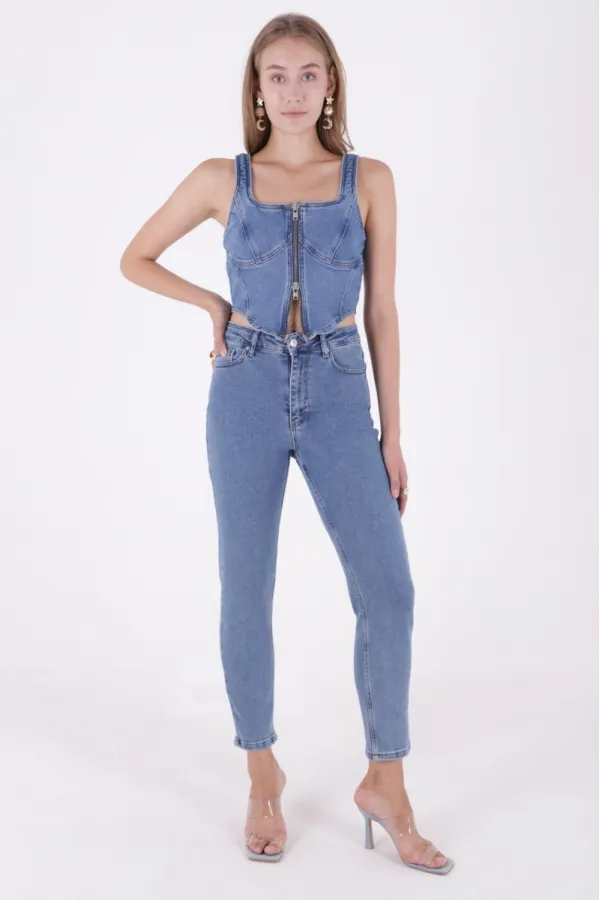 High Waisted Comfort Slim Ankle Length Jean  896-27-(32-36) Rinsed Blue