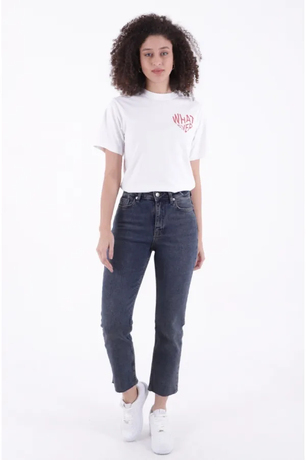 Fringe Ending High Waisted Mom Fit Jean 764-28-(26-29) Dark Blue Snow Denim