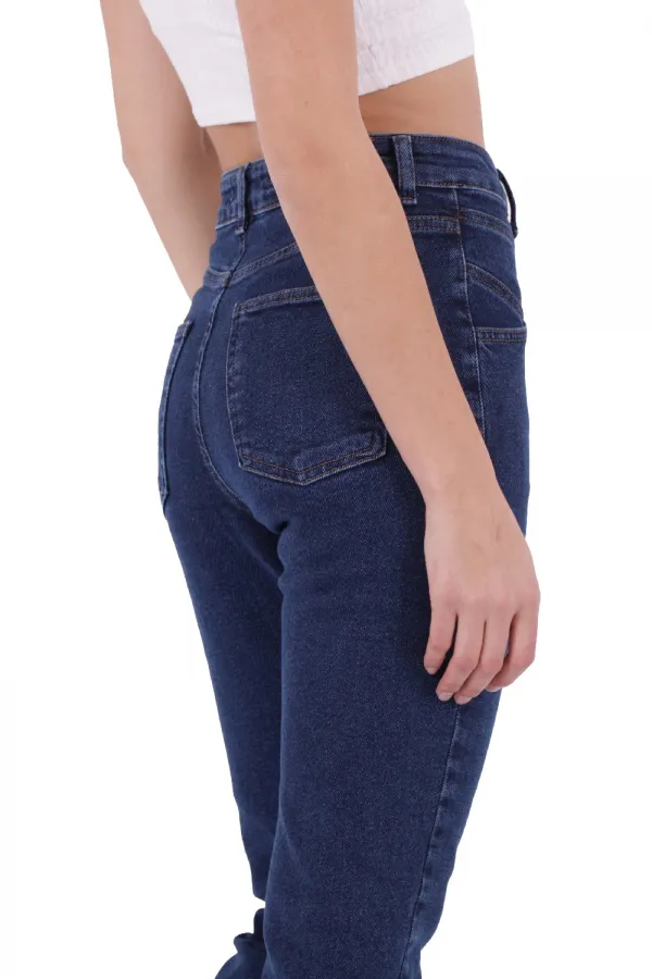 High Rise Mom Jean With Slit in Leg Front  1743-26-(27-32) Regular Dark Blue