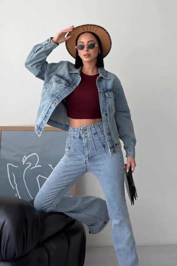 Denim Jacket with Buttons  6081-06-(S-L-3) Middle Blue Denim