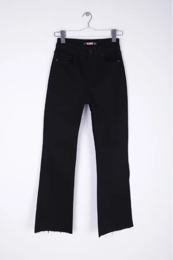 High Waist Mom Fit Jean with Flared Leg and Fringe Ending 1706-07-(26-29-4) Black