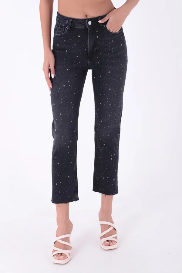 Yıldızlı Mom Fit Dikişsiz Paça Kot Pantolon  1753-03-(26-31)