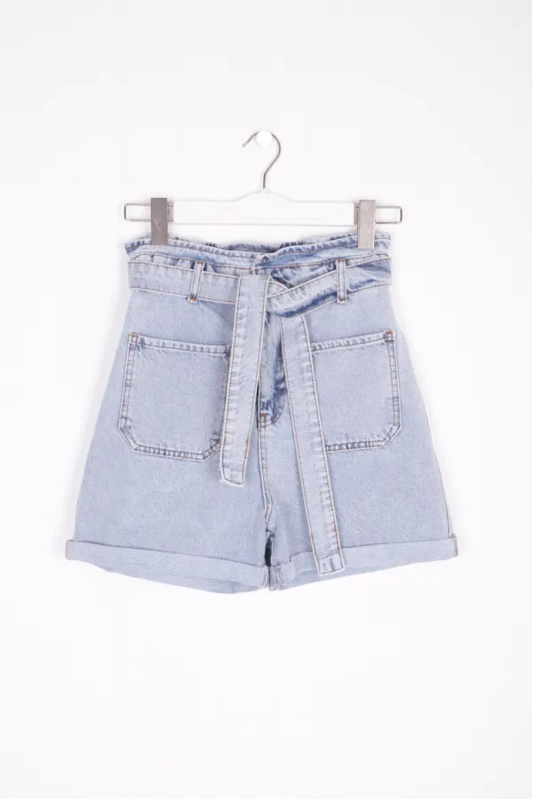 Elasticated Waist Denim Short with Belt 233-08-(S-XL-6) Snow Light Blue Elasticated Waist Denim Short with Belt 233-08-(S-XL-6) Snow Light Blue