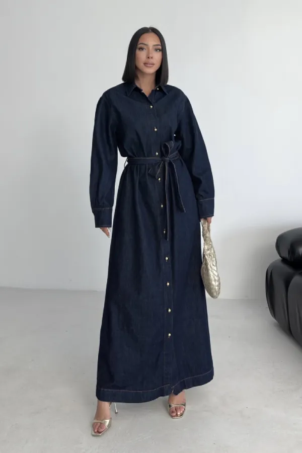 Buttoned Classic Long Denim Dress 3034-17-(S-XL) Slubbed Navy Blue