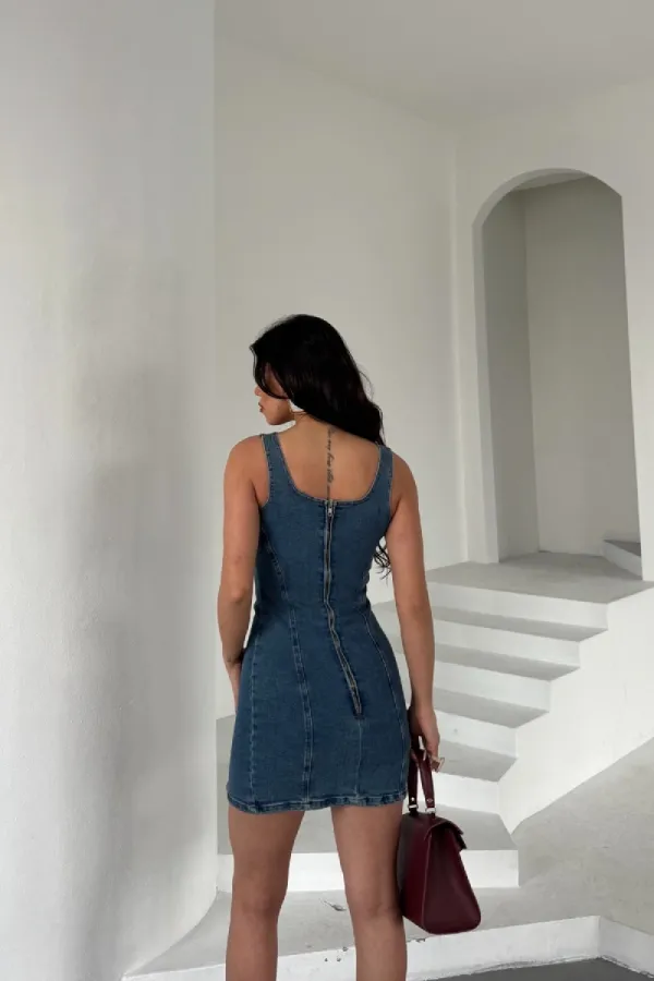 Fermuarlı Mini Kot Elbise 3028-27-(XS-L) Fermuarlı Mini Kot Elbise 3028-27-(XS-L)
