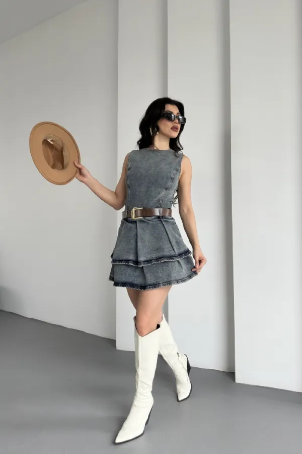 Pileli Kısa Elbise 3026-28-(XS-XL-5)