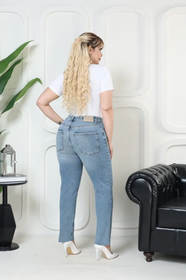 Fringe Ending High Waisted Mom Fit Jean  764-15-(32-36) Light Blue Denim