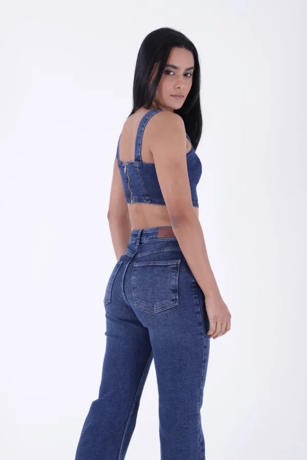 Stitched Hems Wide Leg Relaxed Jean  7026-01-(27-32) Dark Blue Denim