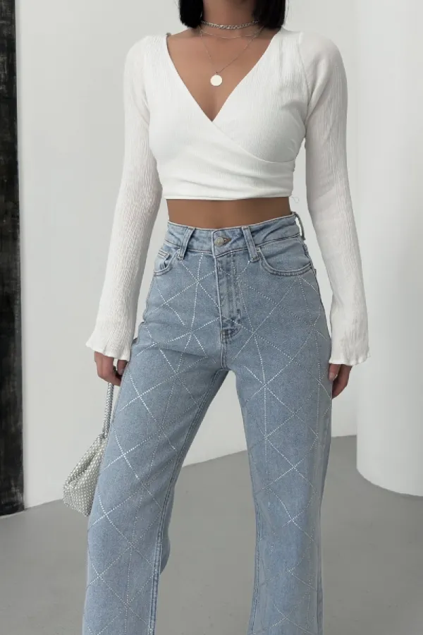 Argyle Patterned Jeans 7106-08-(28-33) Snow Light Blue Argyle Patterned Jeans 7106-08-(28-33) Snow Light Blue