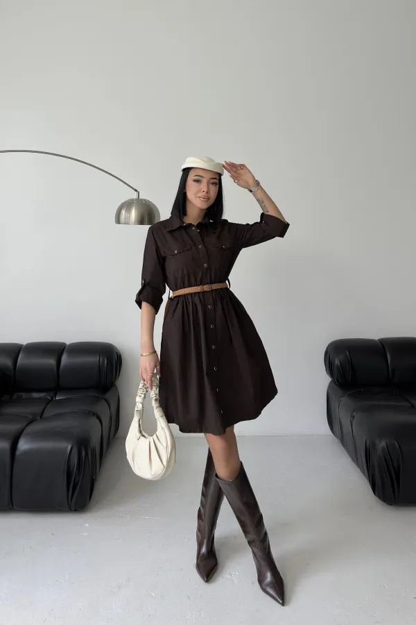 Short Denim Dress with Ruffle Detail 3040-78-(S-XL) Brown