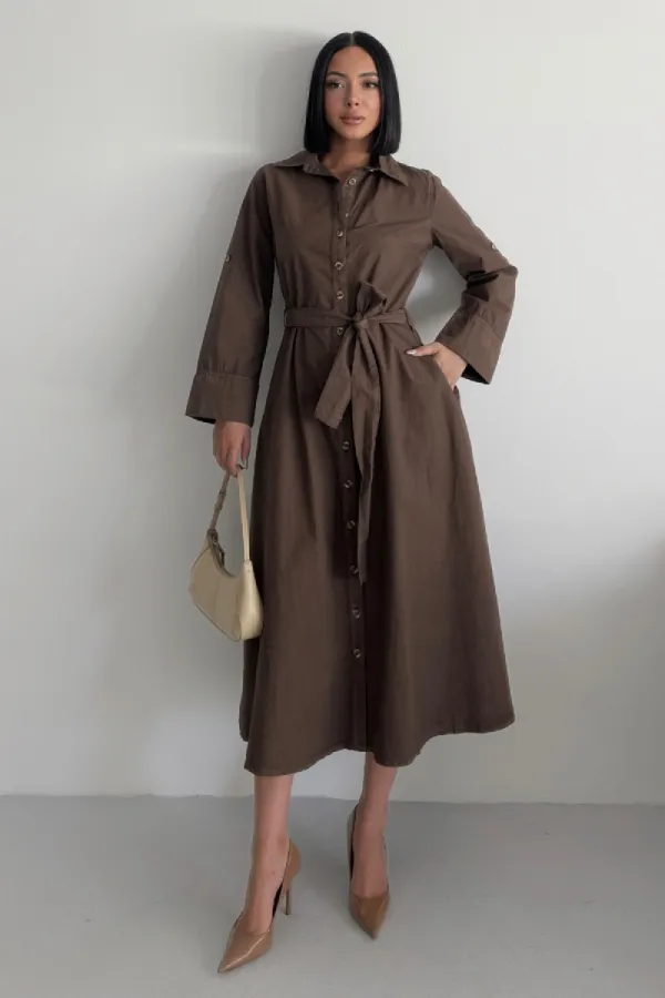 Düğmeli Uzun Boy Kot Elbise 3047-78-(S-XL)