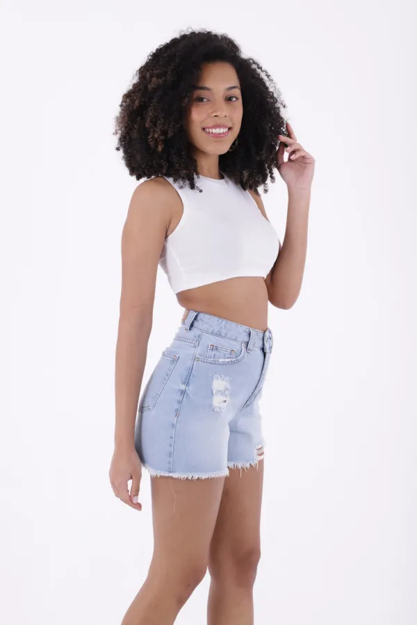 Ripped Denim Short with Fringe Ending 225-42-(S-XL-6) Ice Blue - Tinted Ripped Denim Short with Fringe Ending 225-42-(S-XL-6) Ice Blue - Tinted