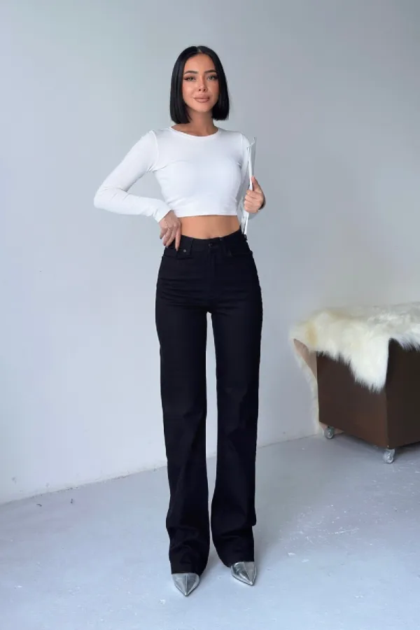 Stitched Hems Wide Leg Relaxed Jean  7026-07-(27-32) Black