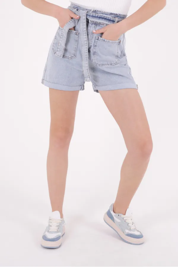 Elasticated Waist Denim Short with Belt 233-08-(S-XL-6) Snow Light Blue Elasticated Waist Denim Short with Belt 233-08-(S-XL-6) Snow Light Blue
