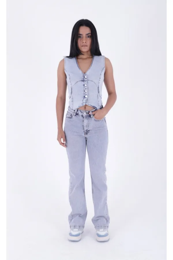 Stitched Hems Wide Leg Relaxed Jean 7026-08-(27-32) Snow Light Blue Stitched Hems Wide Leg Relaxed Jean 7026-08-(27-32) Snow Light Blue