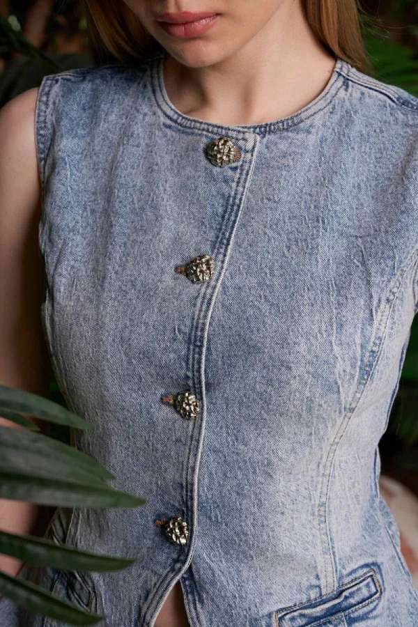 Belden Oturtmalı Düğmeli Kot Yelek  6086-14-(S-XL)