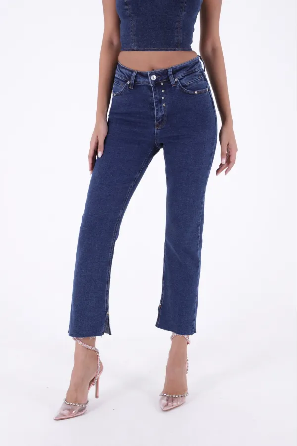 Paçası Yırtmaçlı Serpme Detaylı Mom Fit Jean  1769-26-(26-31)