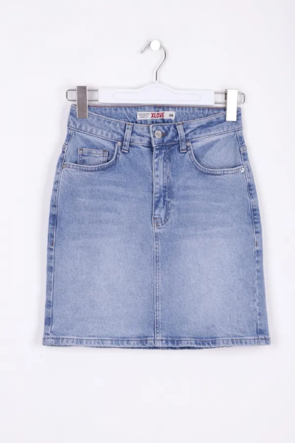Short Length Denim Skirt with Stitched Hem 1036-15-(36-44) Light Blue Denim