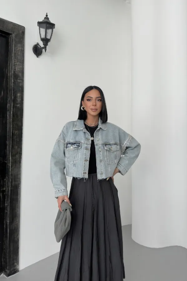 Taşlı Kısa Oversize Kot Ceket  6084-08-(S-L-5)