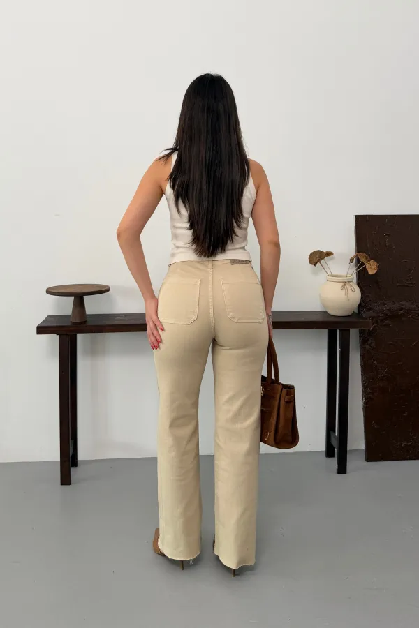 Wide Leg Palazzo Relaxed Jean with Decorative Front Pockets  1710-65-(27-32) Stone