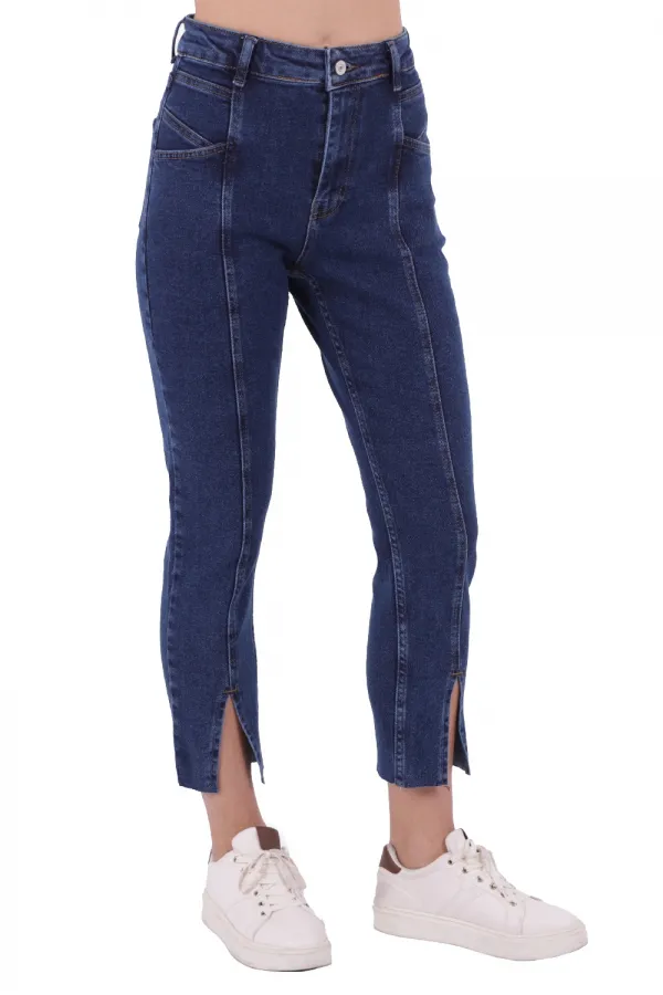 High Rise Mom Jean With Slit in Leg Front  1743-26-(26-28) Regular Dark Blue