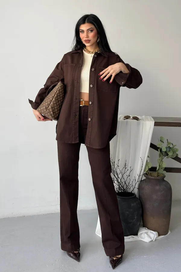 Oversize Denim Jacket with Buttons  6080-78-(S-L-3) Brown