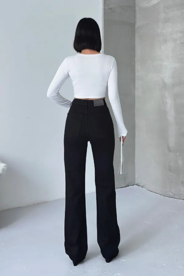 Stitched Hems Wide Leg Relaxed Jean  7026-07-(27-32) Black