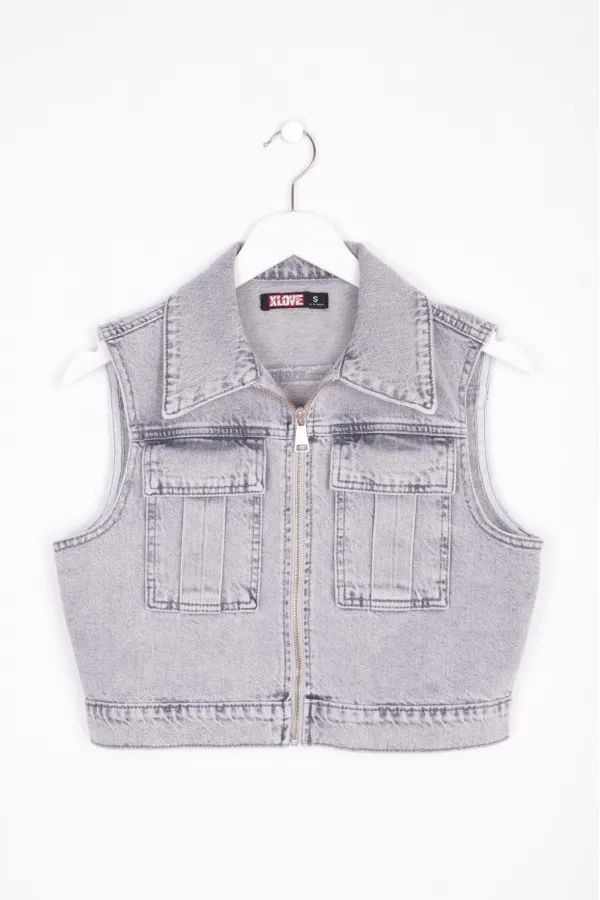 Fermuarlı Mini Kot Yelek  6018-32-(S-L-5)