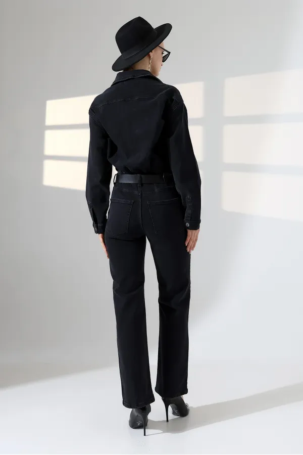 Buttoned Classic Long Denim Dress 3034-23-(S+L+3) Regular Anthracite Buttoned Classic Long Denim Dress 3034-23-(S+L+3) Regular Anthracite
