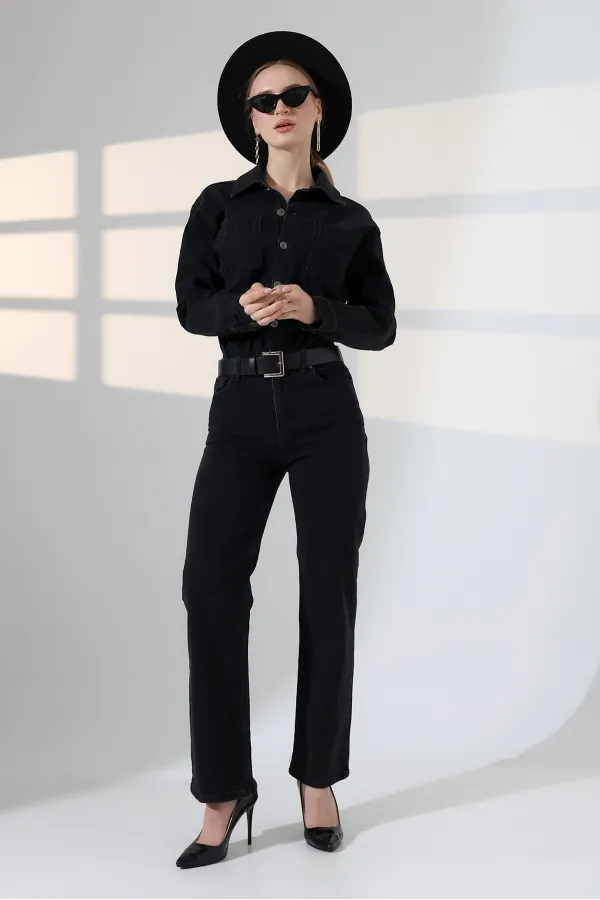 Buttoned Classic Long Denim Dress 3034-23-(S+L+3) Regular Anthracite Buttoned Classic Long Denim Dress 3034-23-(S+L+3) Regular Anthracite